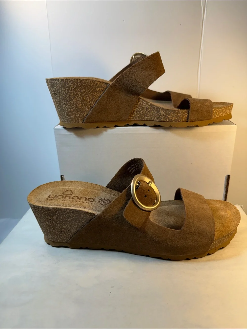 Jokono Brown Suede Wedge Sandals with Buckle